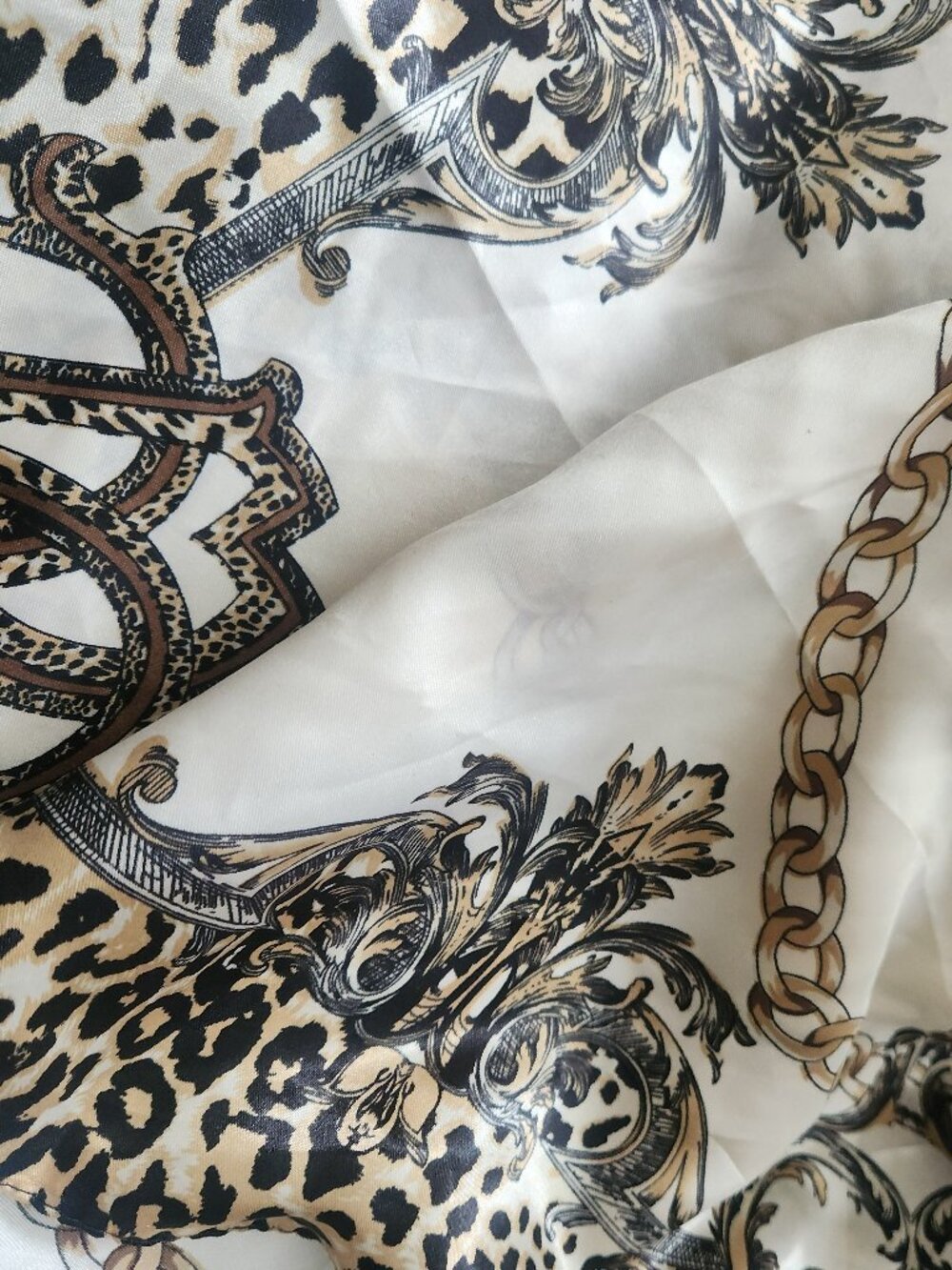 WHITE Brown & Black LEOPARD Equestrian Poly-Silk 27” Square SCARF by ORNAMENTS